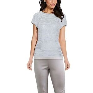 ADRIANNA PAPELL Womens Blue Sequined  Printed Short Sleeve Scoop Neck Cocktail